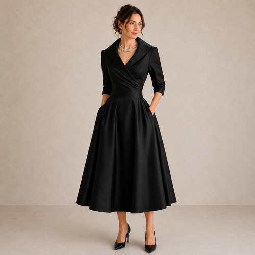 Czarna Sukienka Midi Elegancka