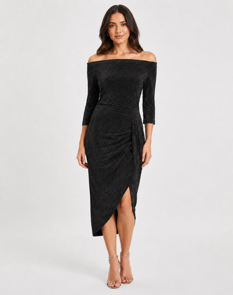 Elegancka Sukienka Koktajlowa Midi z Rozcięciem
