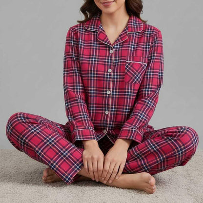 Flanelowa Piżama Damska_ | Długie Rękawy, Kratka, Bawełna