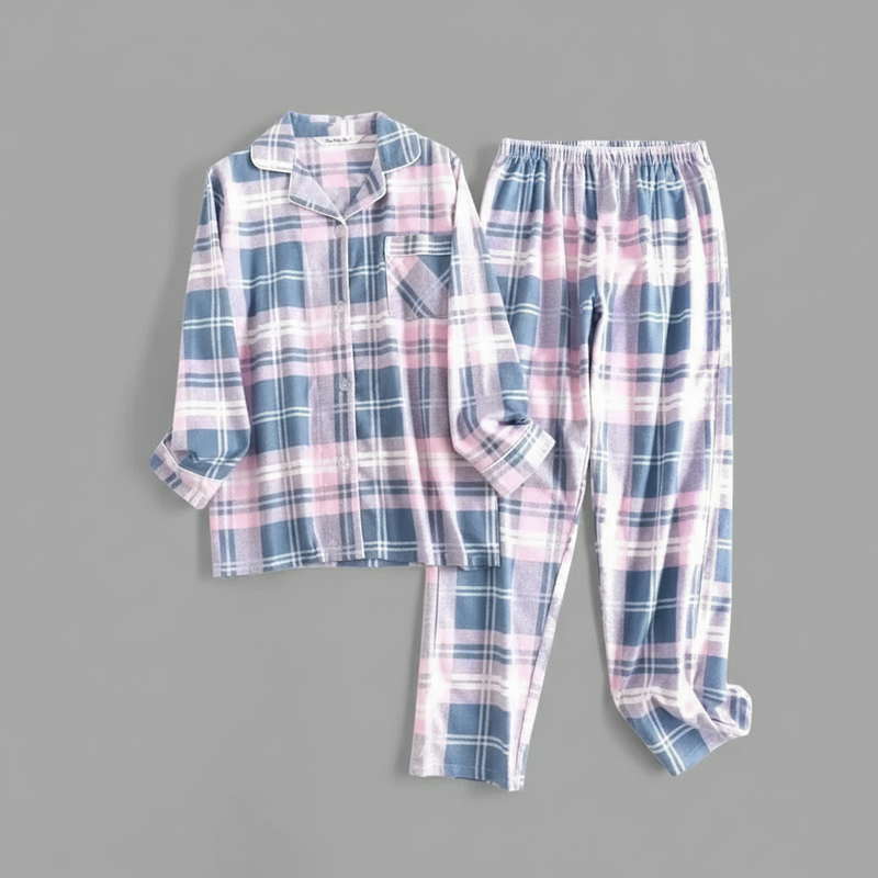 Flanelowa Piżama Damska_ | Długie Rękawy, Kratka, Bawełna