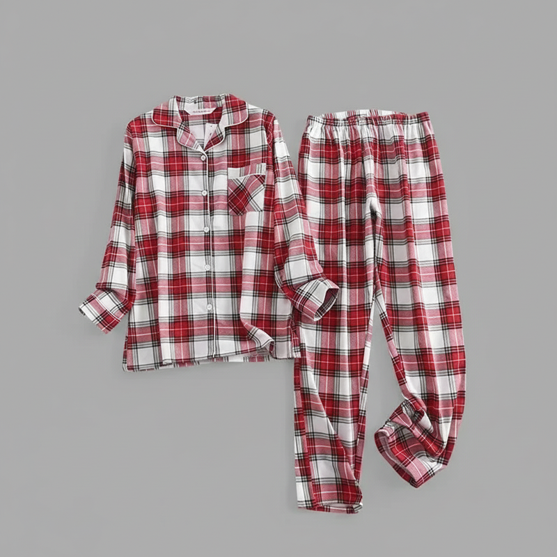 Flanelowa Piżama Damska_ | Długie Rękawy, Kratka, Bawełna