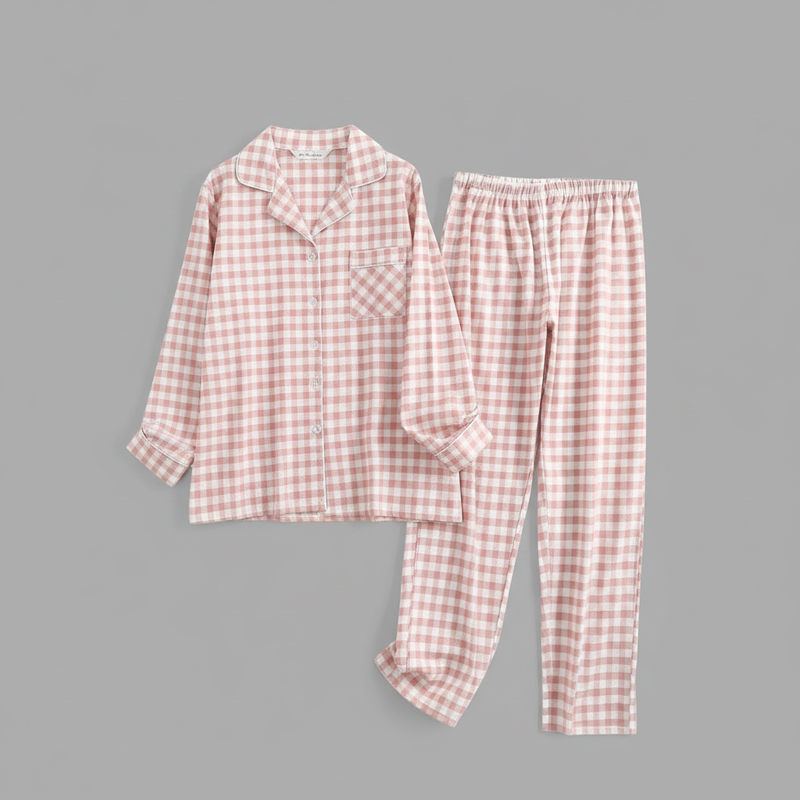 Flanelowa Piżama Damska_ | Długie Rękawy, Kratka, Bawełna