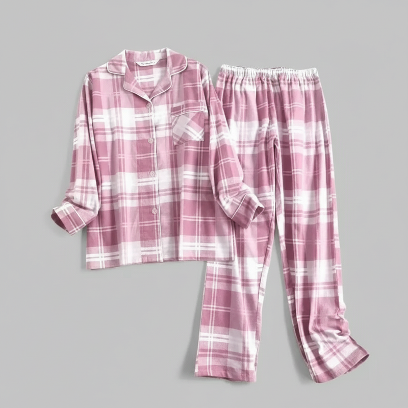 Flanelowa Piżama Damska_ | Długie Rękawy, Kratka, Bawełna