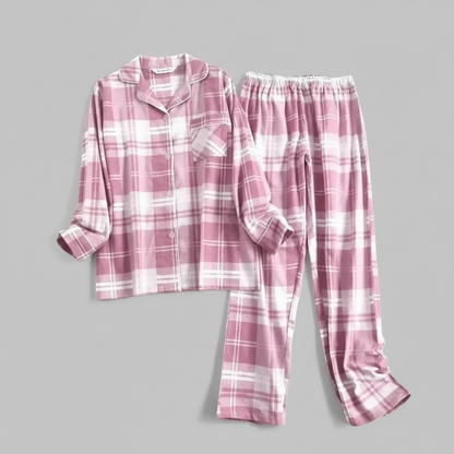 Flanelowa Piżama Damska_ | Długie Rękawy, Kratka, Bawełna