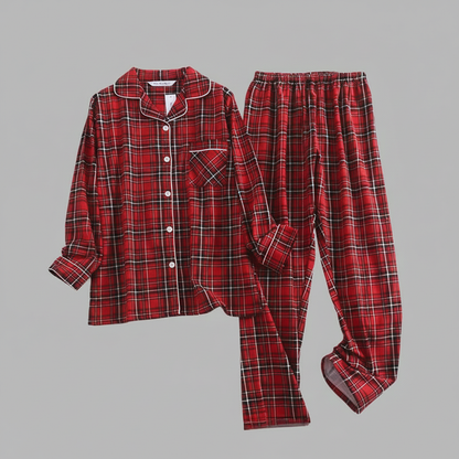 Flanelowa Piżama Damska_ | Długie Rękawy, Kratka, Bawełna