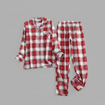 Flanelowa Piżama Damska_ | Długie Rękawy, Kratka, Bawełna