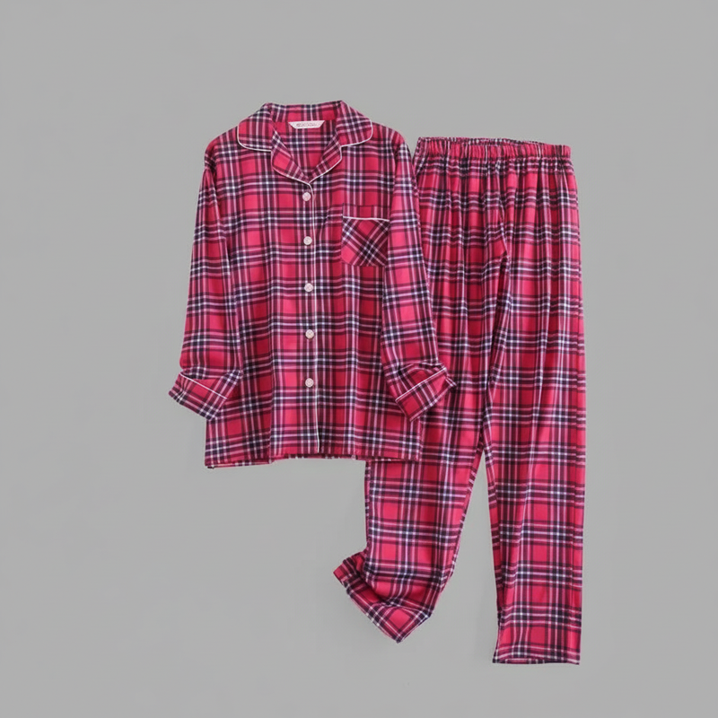 Flanelowa Piżama Damska_ | Długie Rękawy, Kratka, Bawełna