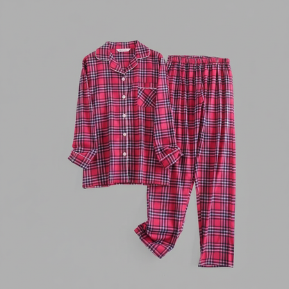 Flanelowa Piżama Damska_ | Długie Rękawy, Kratka, Bawełna