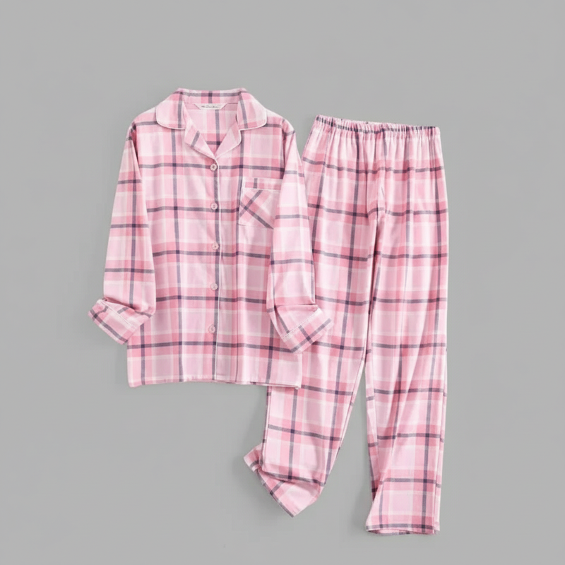 Flanelowa Piżama Damska_ | Długie Rękawy, Kratka, Bawełna