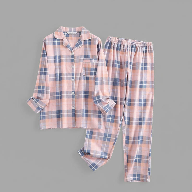 Flanelowa Piżama Damska_ | Długie Rękawy, Kratka, Bawełna