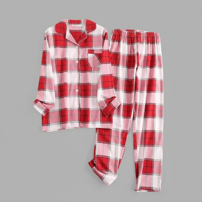 Flanelowa Piżama Damska_ | Długie Rękawy, Kratka, Bawełna