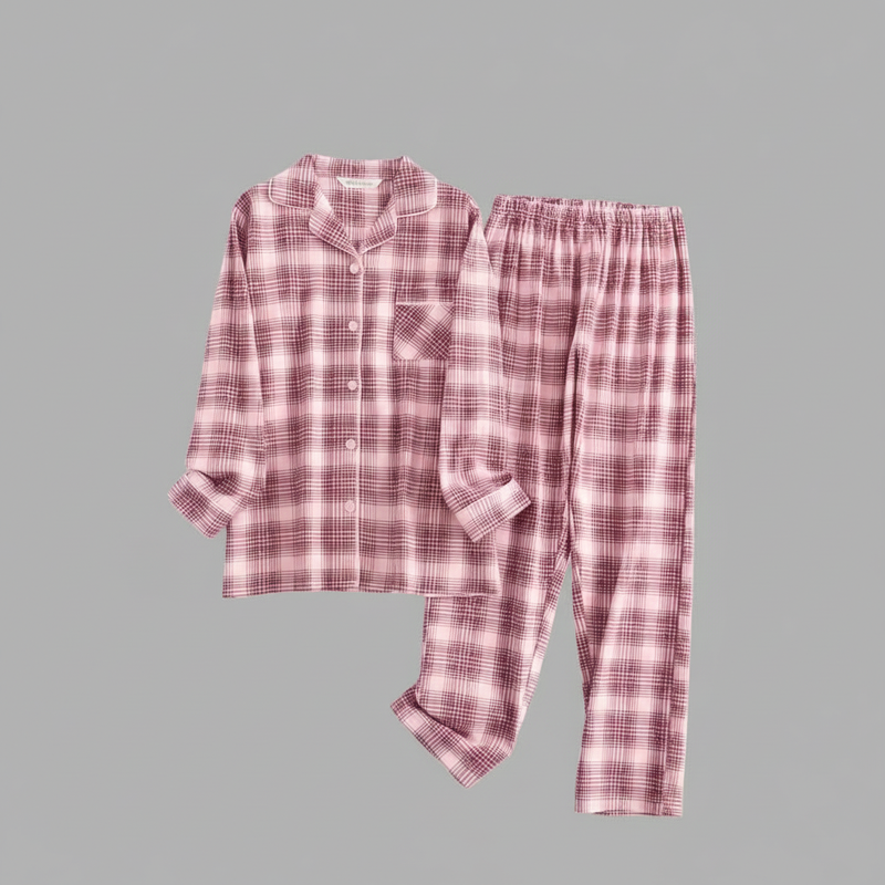 Flanelowa Piżama Damska_ | Długie Rękawy, Kratka, Bawełna