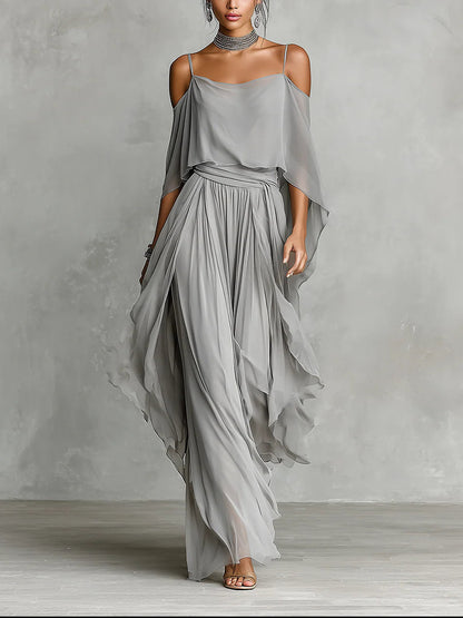 Katarzyna | Zwiewny Komplet Damski Off-Shoulder Szyfonowy 0