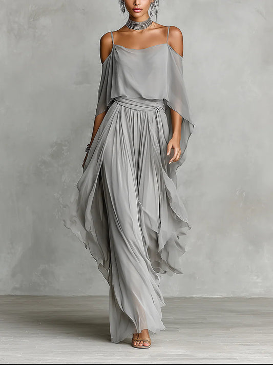 Katarzyna | Zwiewny Komplet Damski Off-Shoulder Szyfonowy 0