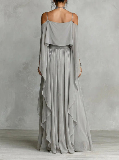 Katarzyna | Zwiewny Komplet Damski Off-Shoulder Szyfonowy 1