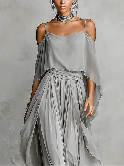 Katarzyna | Zwiewny Komplet Damski Off-Shoulder Szyfonowy 2