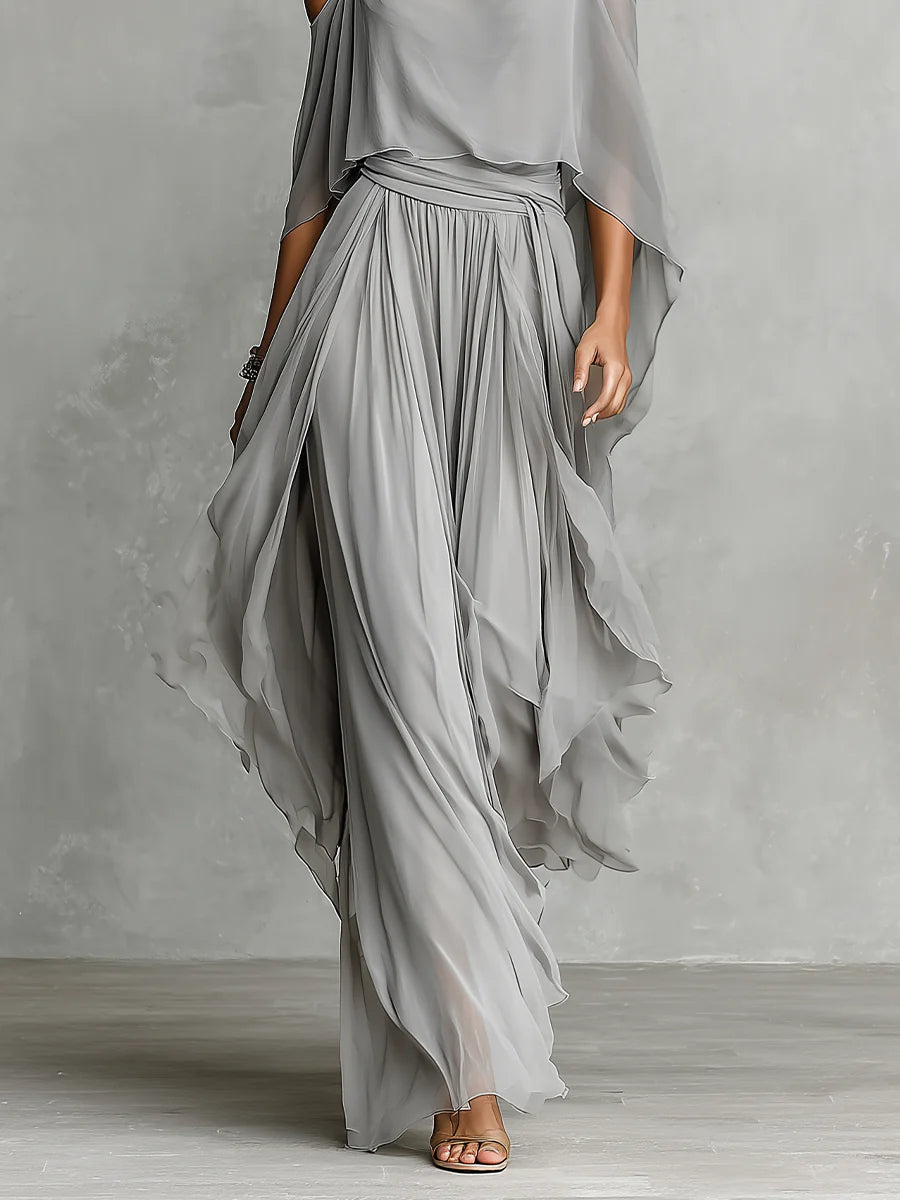 Katarzyna | Zwiewny Komplet Damski Off-Shoulder Szyfonowy 3
