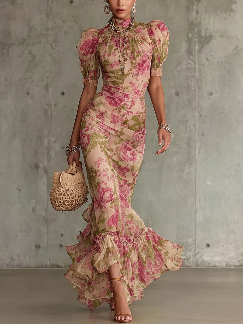 Sukienka Maxi z Bufiastymi Rękawami | Styl Vintage 0