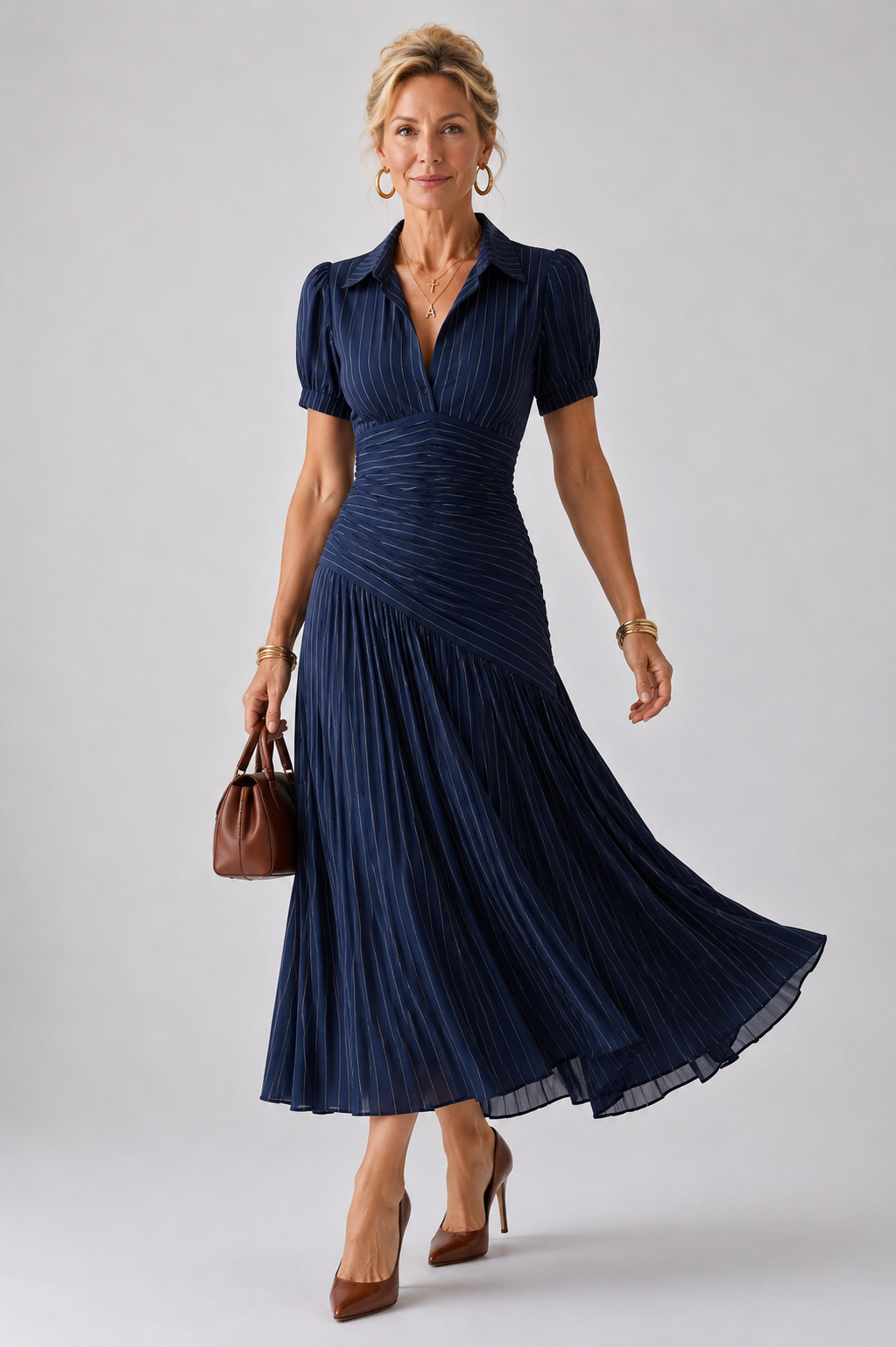 Sukienka Midi Elegancka w Paski z Plisowaną Talią | Teodora 1