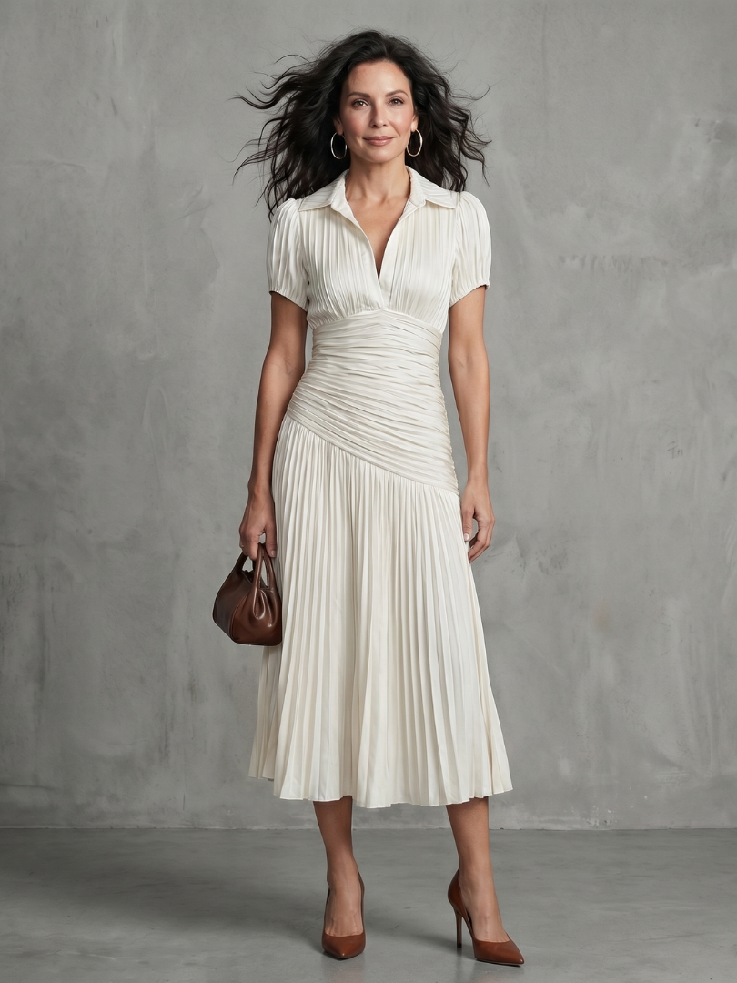 Sukienka Midi Elegancka w Paski z Plisowaną Talią | Teodora 10